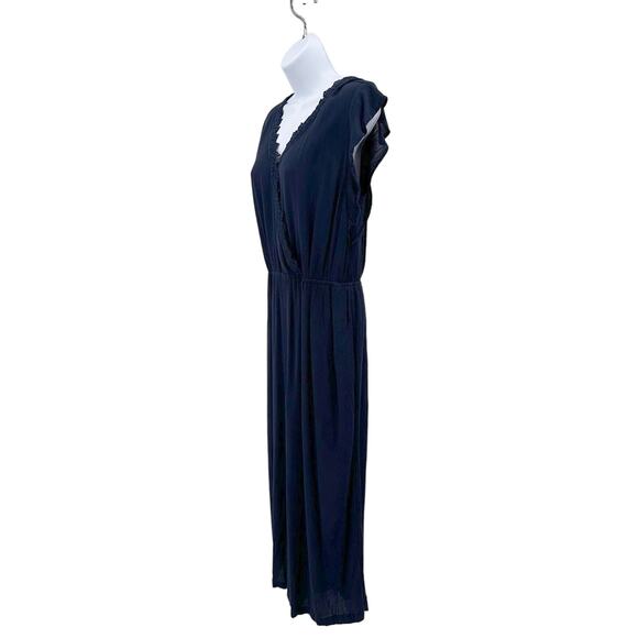 Maurices Navy Romper WMNS S Lace Trim Flutter Sleeve Stretchy V-Neck Keyhole - Picture 5 of 10